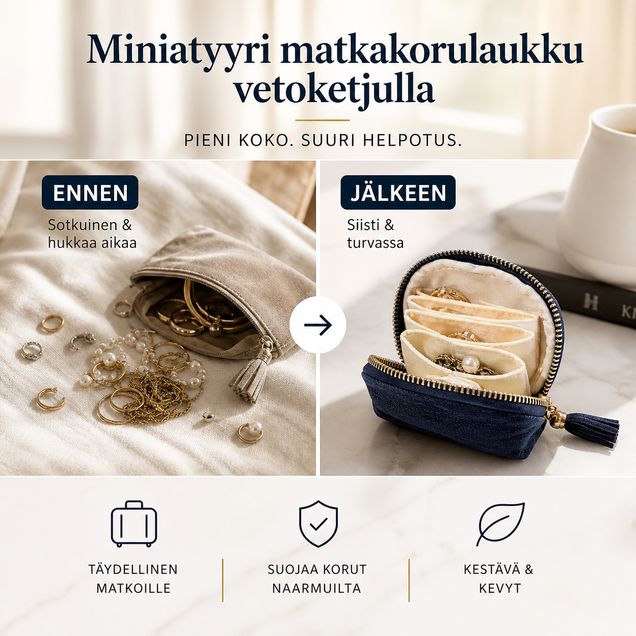 📢📢 50% ALENNUS !! ⏰ Miniatyyri matkakorulaukku vetoketjulla – Kompakti, kannettava ja täydellinen sormuksille, korvakoruille ja kaulakoruille ✨ Tilaa nyt!