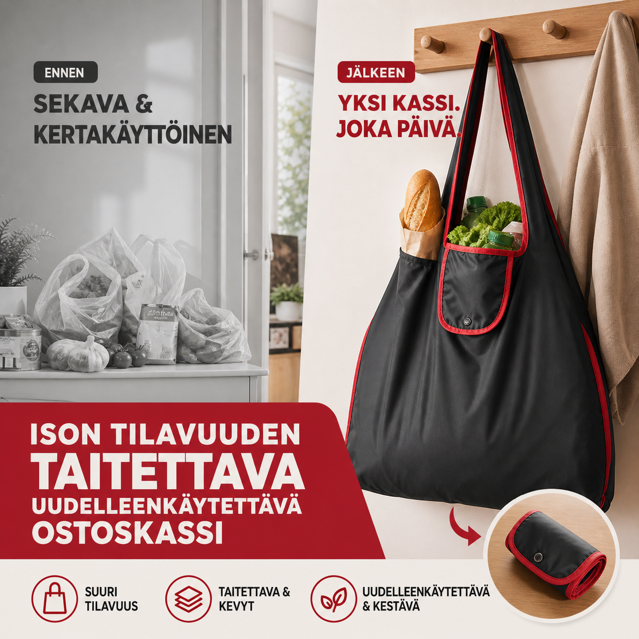 Ison tilavuuden taitettava uudelleenkäytettävä ostoskassi