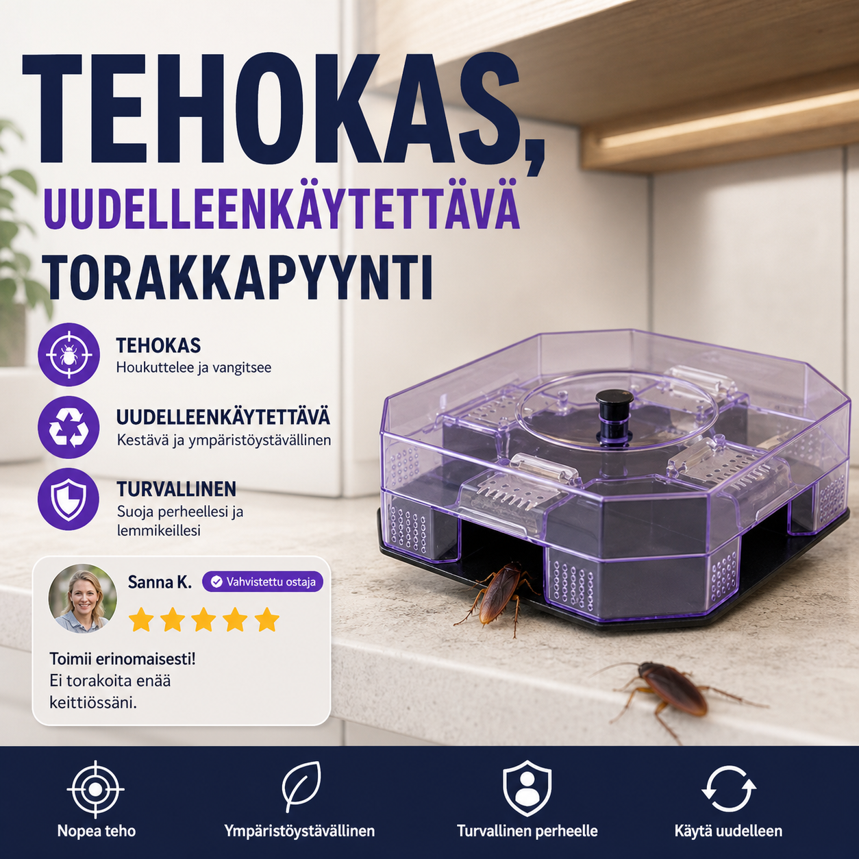 Tehokas, uudelleenkäytettävä torakkapyynti