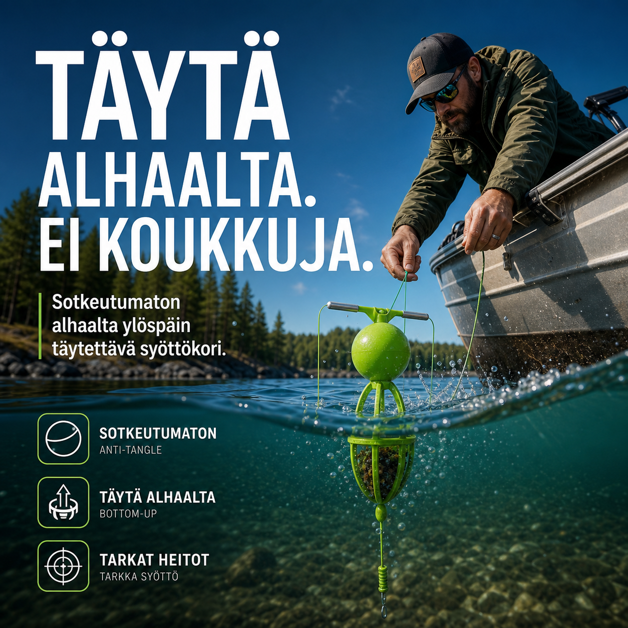 🔥Kuuma tarjous 50 % ALENNUS🔥 Älä enää tuhlaa aikaa siiman selvittelyyn kesken heiton! Takertumaton alhaalta ylöspäin avautuva syöttökori – painotettu pohja, pysyy pystyssä, syöttipilvi 3 sekunnissa 🎣