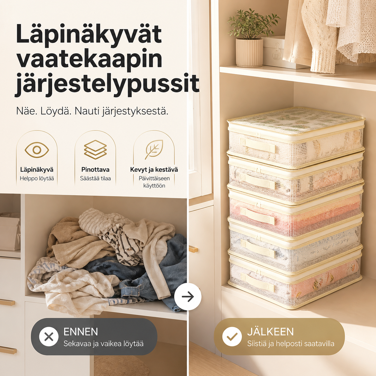 Läpinäkyvät vaatekaapin järjestelypussit