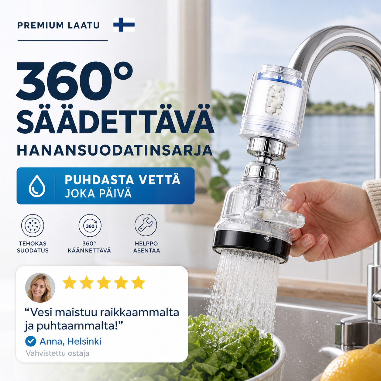 Säädettävä 360°:lla pyörivä hanasuodatinsarja