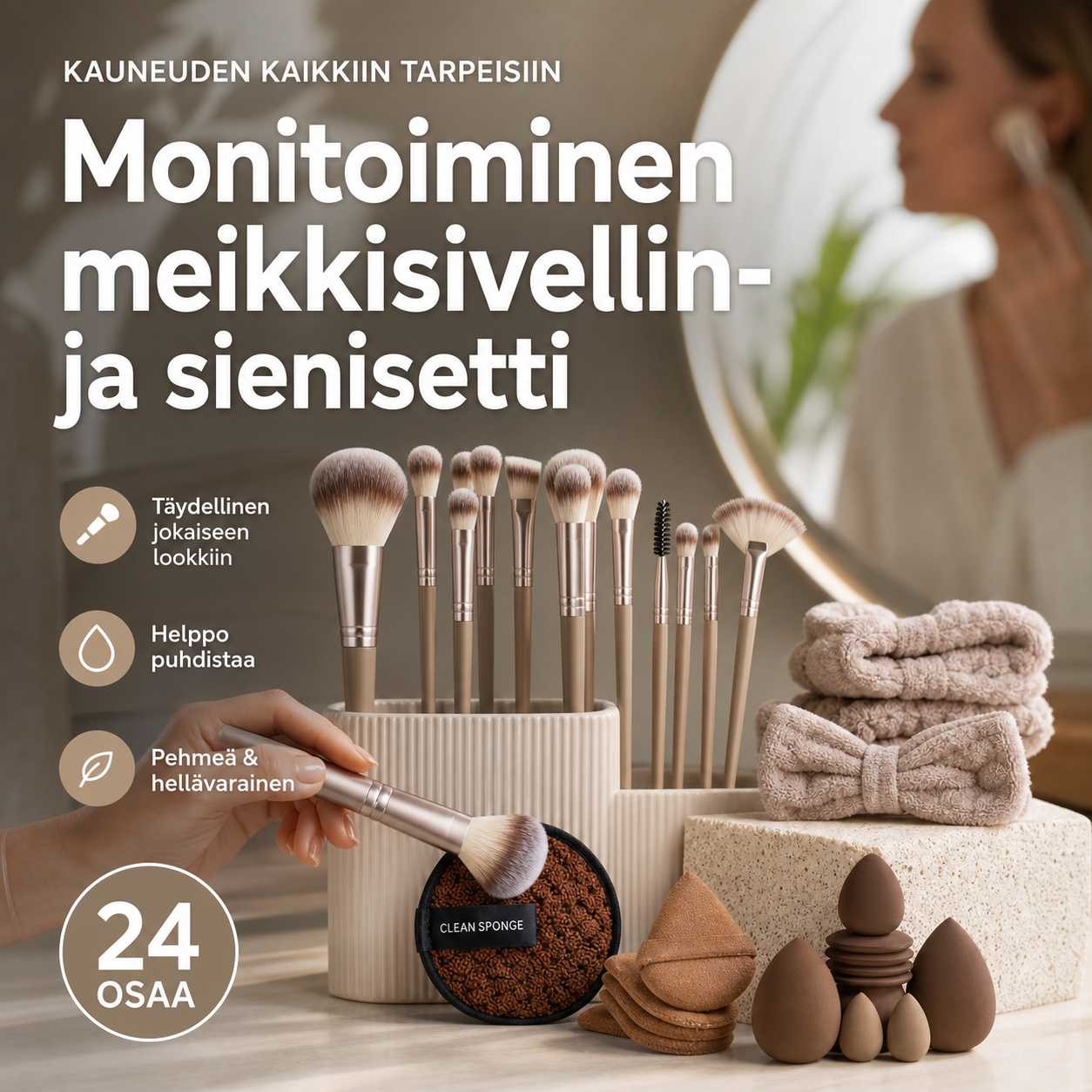 Monitoiminen meikkisivellin- ja sienisetti