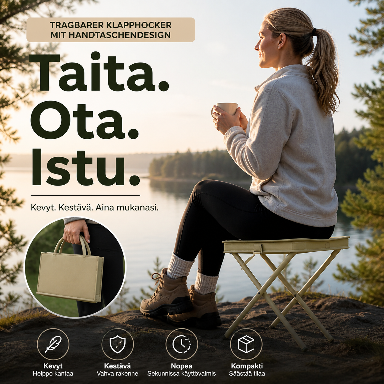 Kannettava kokoontaitettava jakkara käsilaukkumuotoilulla