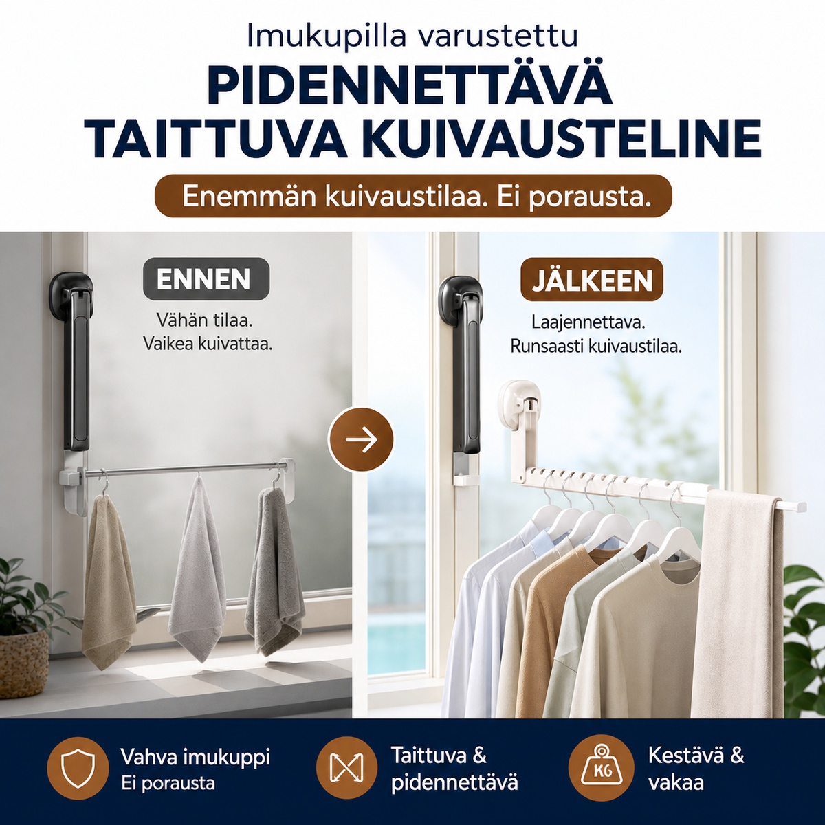 Imukupilla varustettu pidennettävä taittuva kuivausteline