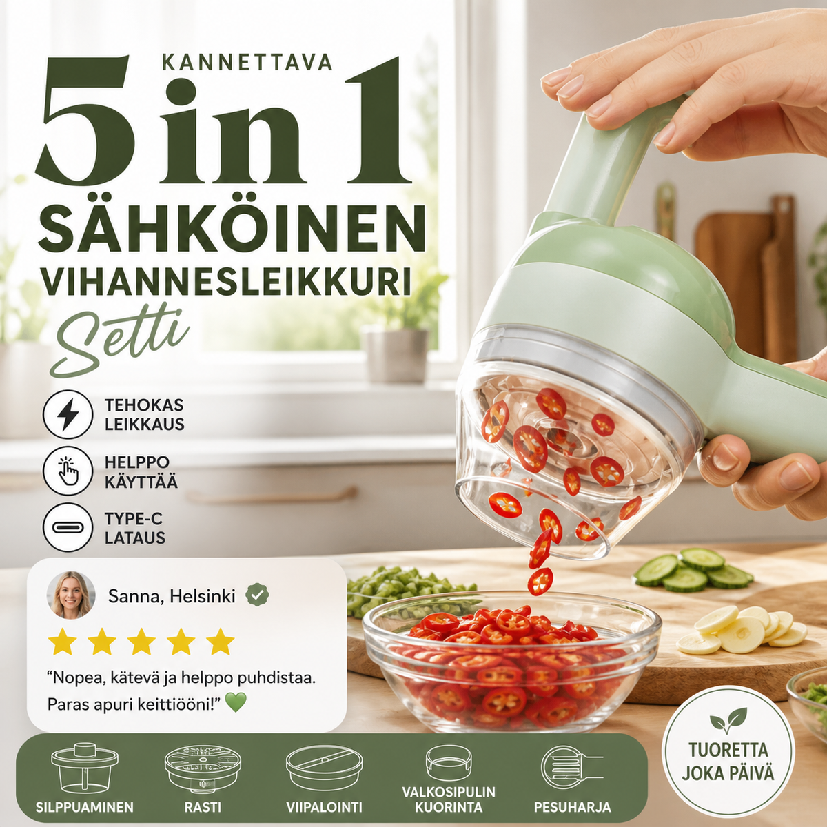Ihanteellinen lahja - 5 in 1 kannettava sähköinen vihannestenleikkuri setti