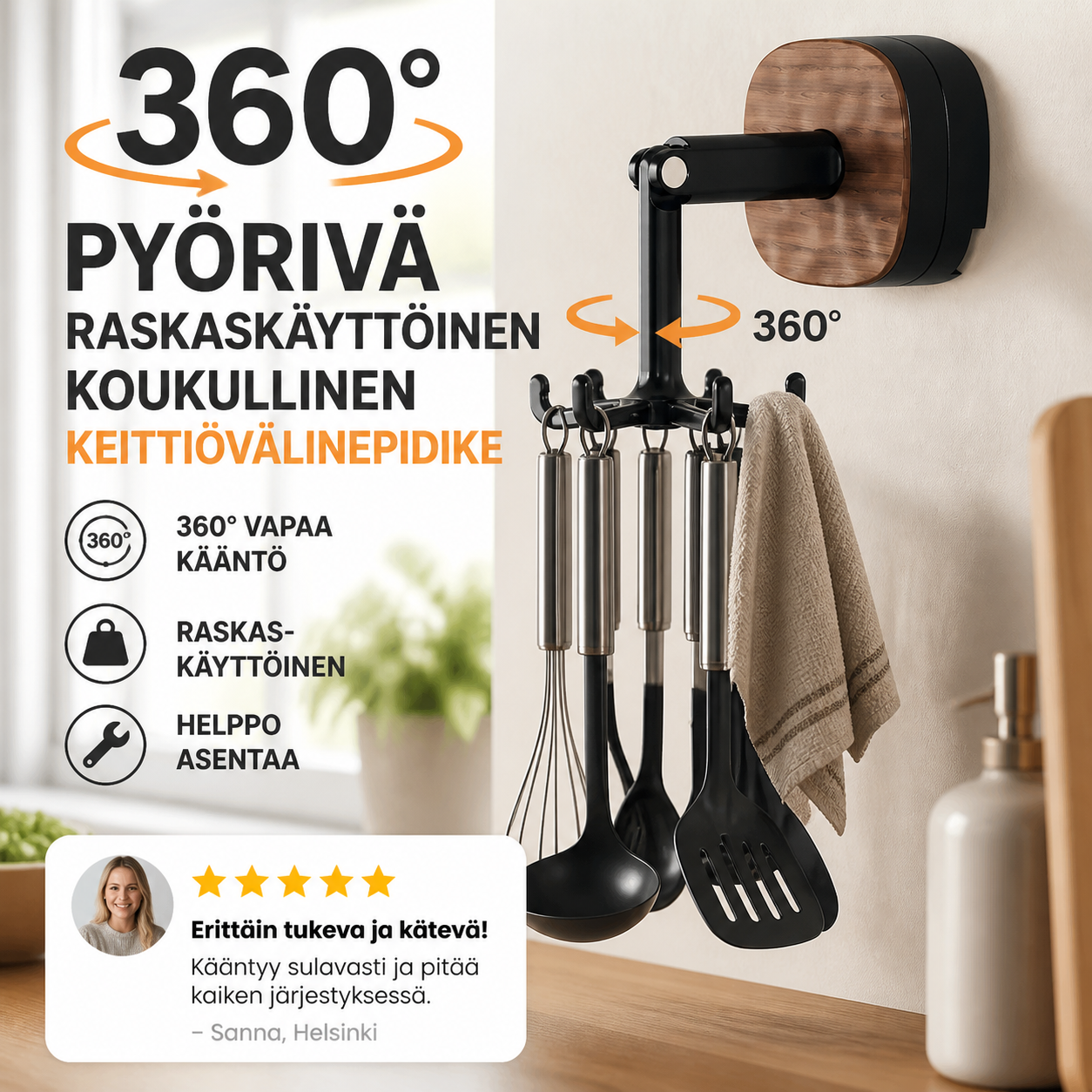 360° pyörivä raskaskäyttöinen koukullinen keittiövälinepidike