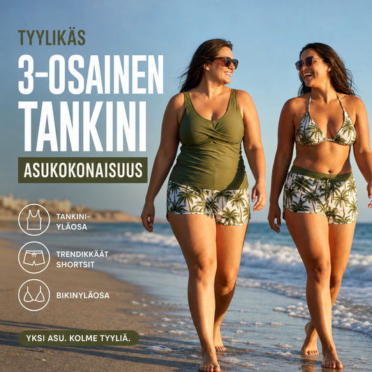 🌸 -50 %! 🦋 Tyylikäs 3-osainen tankini-asukokonaisuus – imarteleva leikkaus, trendikäs trooppinen kuosi ja ristikkäiset selkäosat – ihanteellinen rannalle ja uima-altaalle ✨