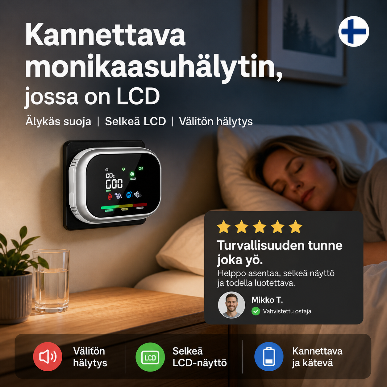 Kannettava monikaasuhälytin, jossa on LCD-näyttö ja varakäyttöakku