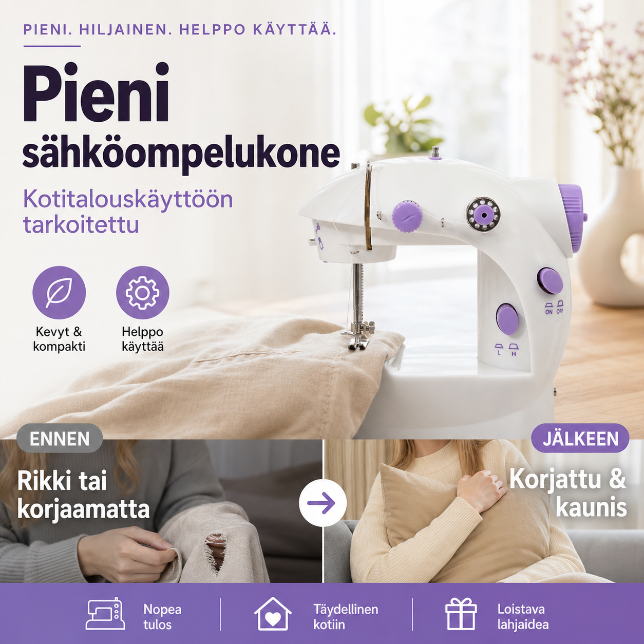 Kotitalouskäyttöön tarkoitettu pieni sähköompelukone
