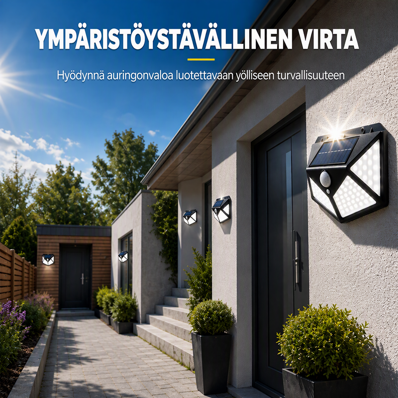 🌙💡 100 LEDin aurinkokäyttöinen seinävalaisin – 120° liiketunnistin, IP65-suojaus ja automaattinen valaistus pihalle ja mökille ☀️