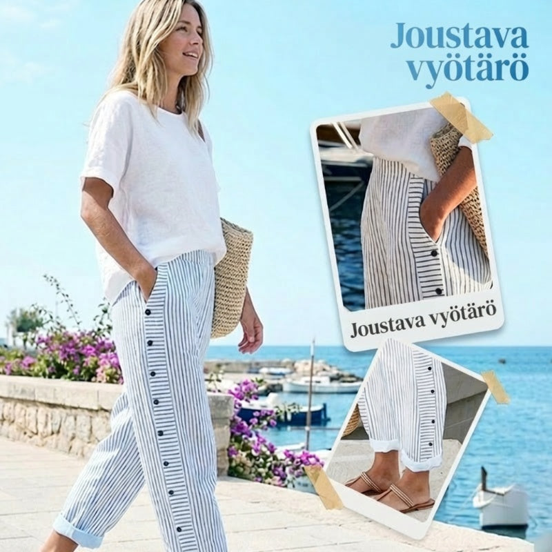 👖 NYT 50 % ALENNUS! 🌿 Muodikkaat, väljät siniraitaiset housut – käytännölliset sivutaskut, hoikistava istuvuus ja täydelliset keväisiin päiviin 🌸