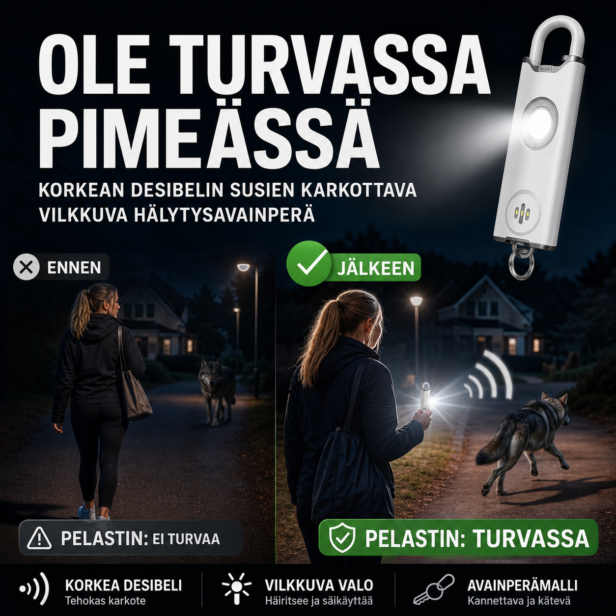 Korkean desibelin susien karkottava vilkkuva hälytysavainperä
