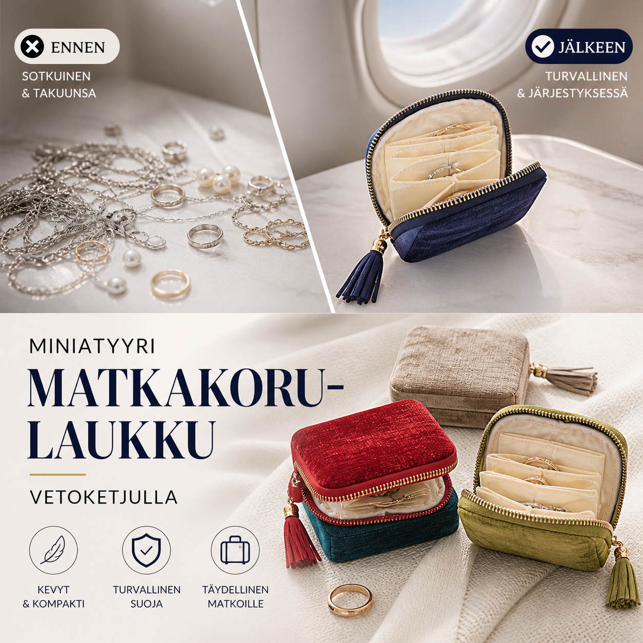 📢📢 50% ALENNUS !! ⏰ Miniatyyri matkakorulaukku vetoketjulla – Kompakti, kannettava ja täydellinen sormuksille, korvakoruille ja kaulakoruille ✨ Tilaa nyt!