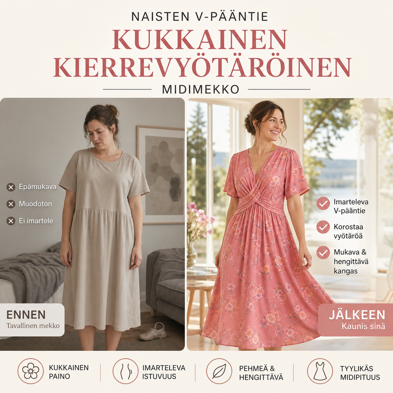👗 -50% NYT! 💐Naisten V-pääntie kukallinen kierrevyötäröinen midimekko – sivutaskuilla, pehmeä virtaava rento kesämekko