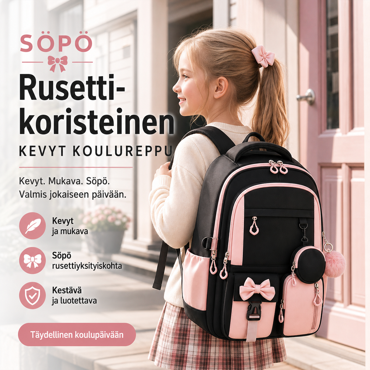 Söpö rusettikoristeinen kevyt koulureppu