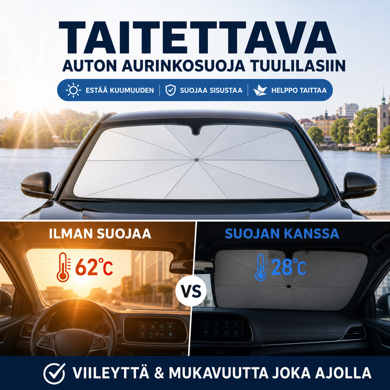 🌞 50 % alennus 🌈 Taitettava auton aurinkosuoja tuulilasiin