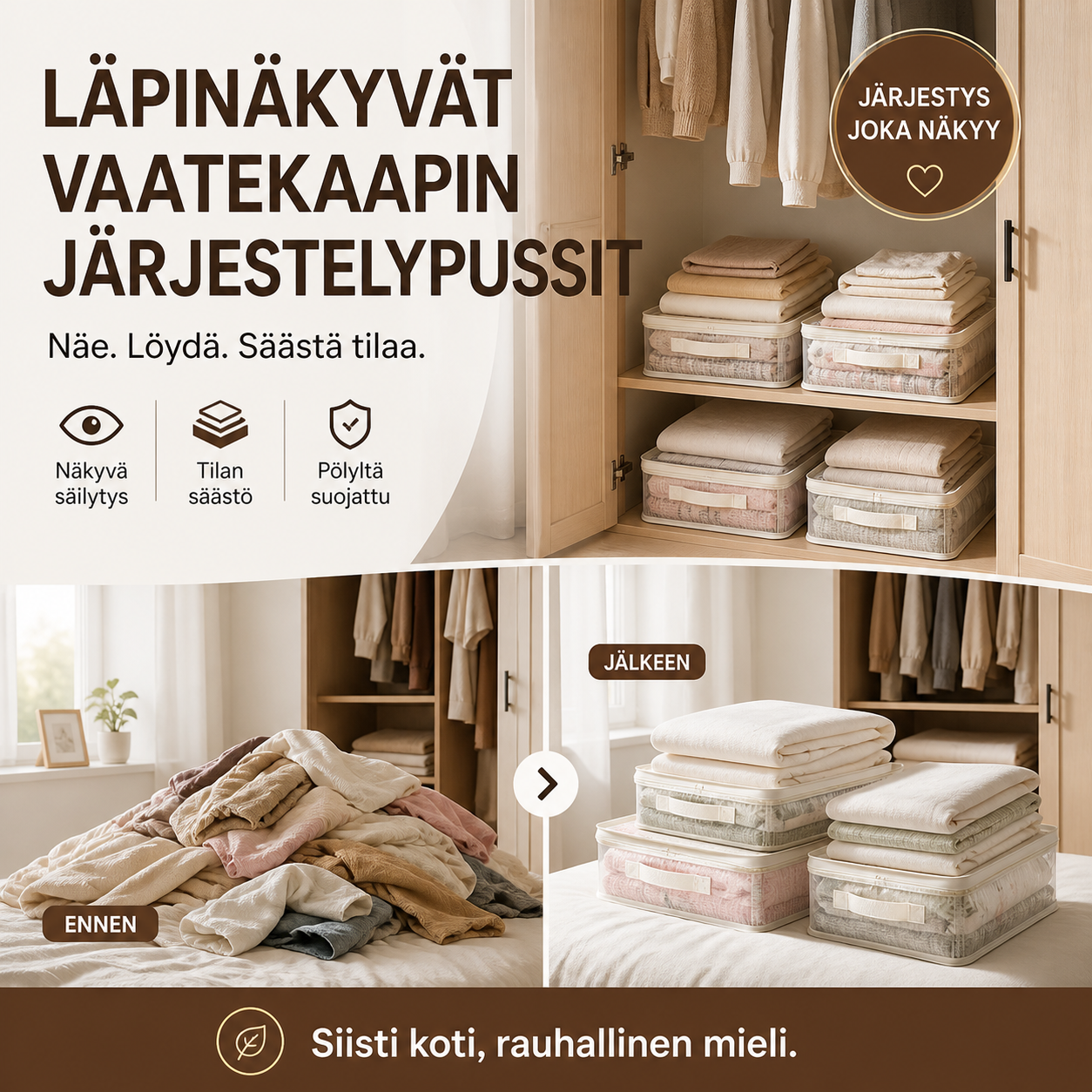 Läpinäkyvät vaatekaapin järjestelypussit