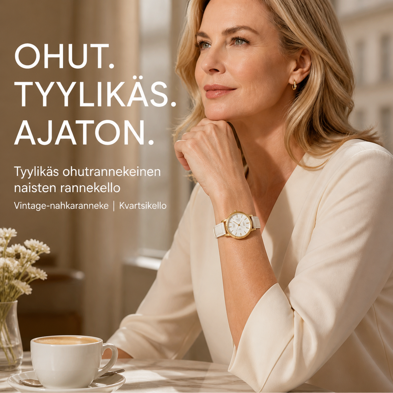 Tyylikäs ohutrannekeinen naisten rannekello – vintage-nahkaranneke, kvartsikello