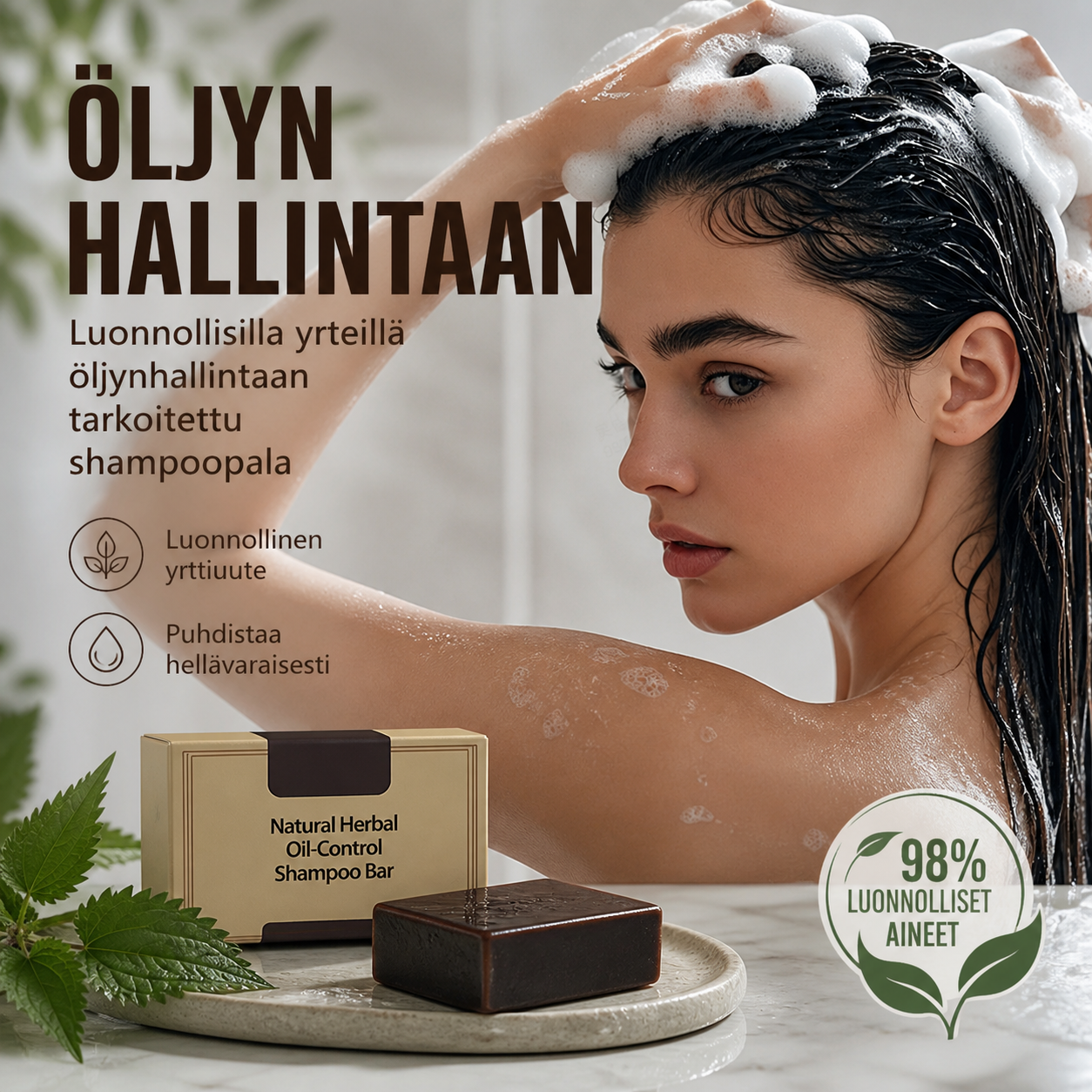Luonnollisilla yrteillä öljynhallintaan tarkoitettu shampoopala
