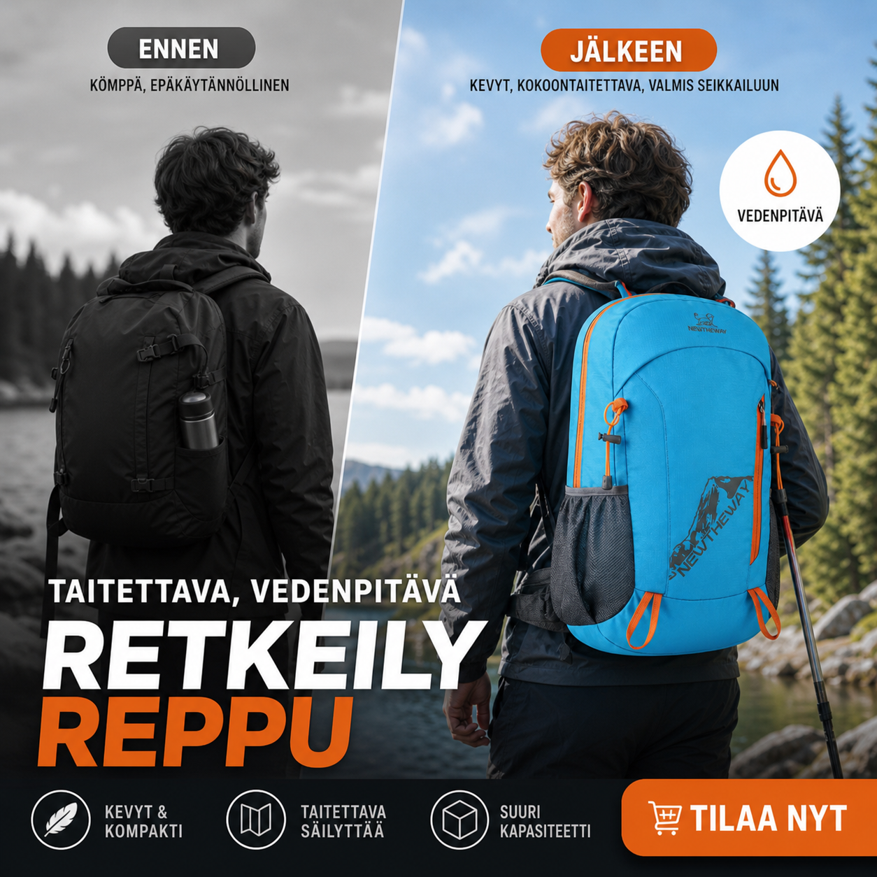 🔥🎁 2+1 ILMAISEKSI!!🥳 💞 YLI 50 000 KAPPALETTA MYYTY! ⚡🎒 Taitettava, vedenpitävä retkeilyreppu