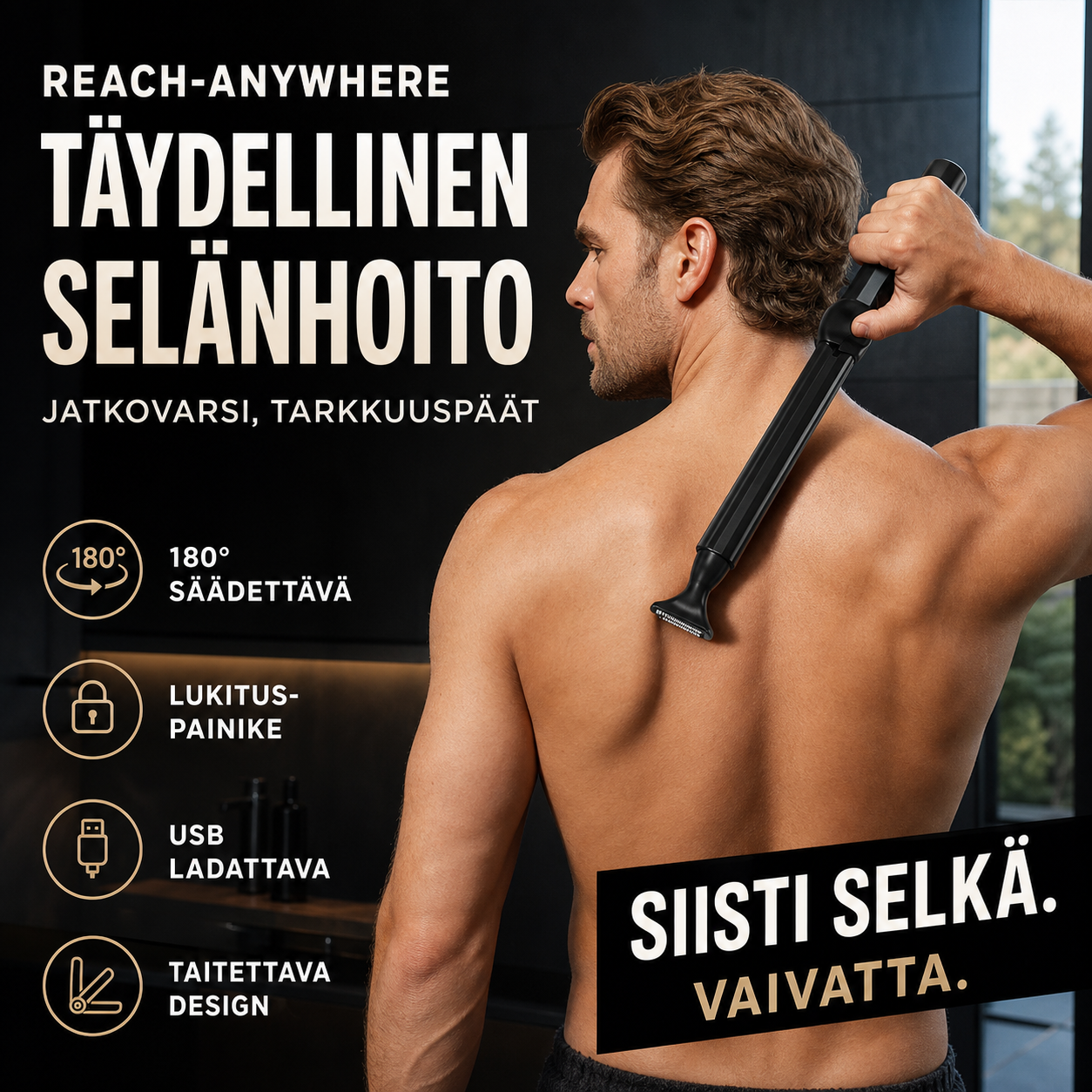 Reach-Anywhere-vartalotrimmeri – Jatkovarsi, tarkkuuspäät. Trimmää selkä, rinta ja jalat itse – apua ei tarvita! 🧔✨