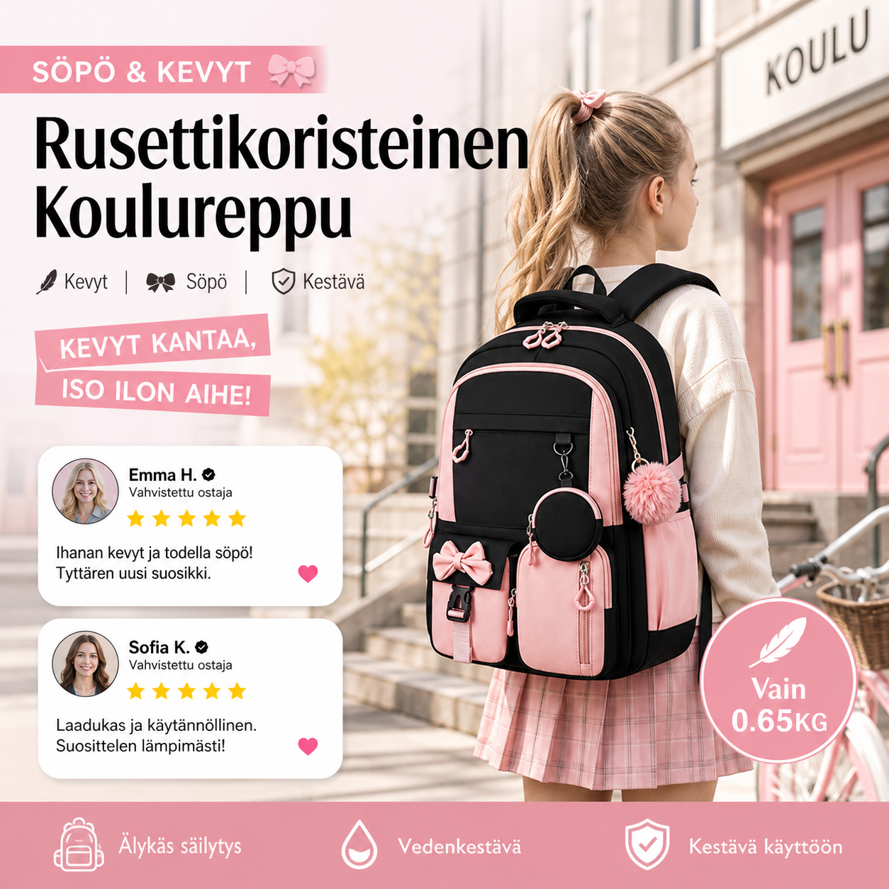 Söpö rusettikoristeinen kevyt koulureppu