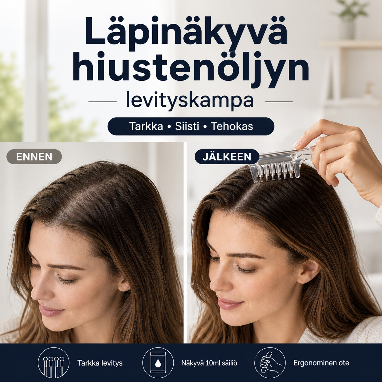 Läpinäkyvä hiustenöljyn levityskampa – tasainen levitys ja helppo käyttö!