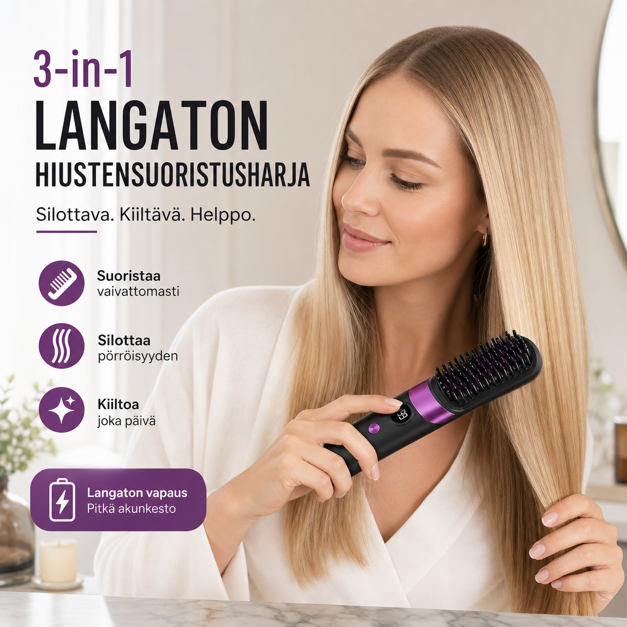 💇‍♀️🔥 3-in-1 Langaton Hiustensuoristusharja – Suorista, Kiharru & Selvitä – USB-C Ladattava, 4 Lämpöasetusta – Täydellinen Hiustyyli Missä Tahansa! ✨