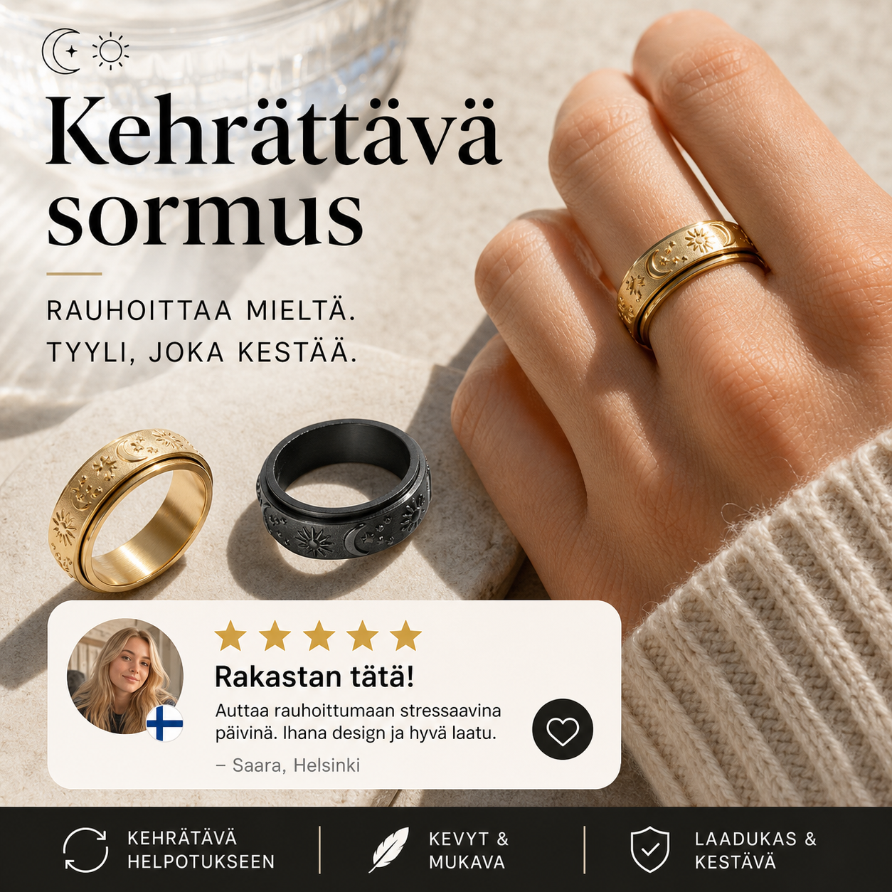 🎉 Alennusmyynti 2026 — Yli 18 000 kappaletta myyty! 💞 Aurinko-, kuu- ja tähtikehräsormus ahdistuksen lievitykseen pareille – Pyöritä stressi pois 🌸
