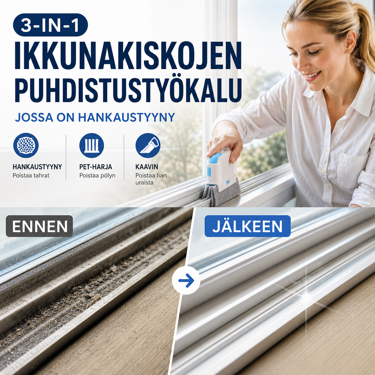 3-in-1-ikkunakiskojen puhdistustyökalu, jossa on hankaustyyny