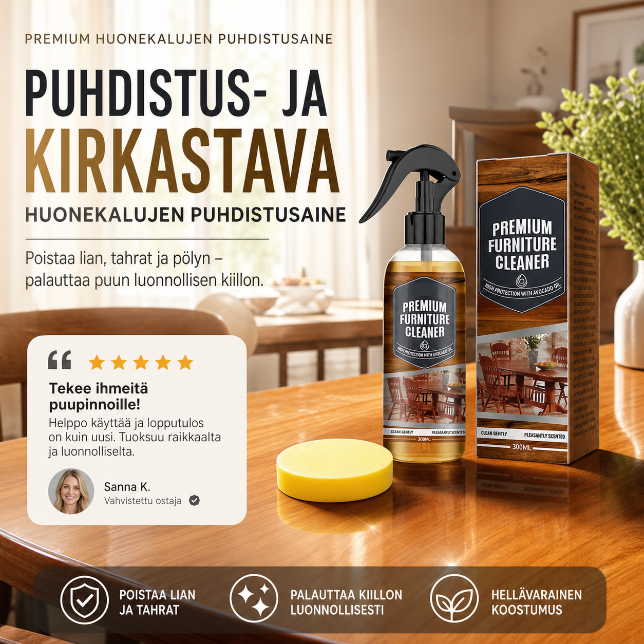 Puhdistus- ja kirkastava huonekalujen puhdistusaine