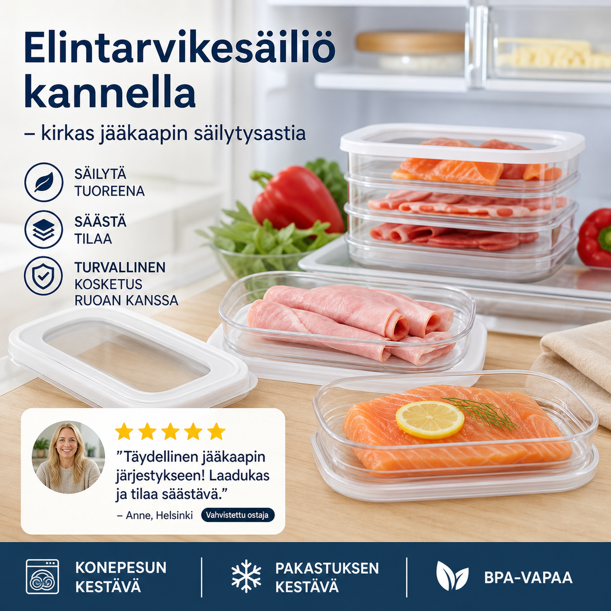 Elintarvikesäiliö kannella – kirkas jääkaapin säilytysastia