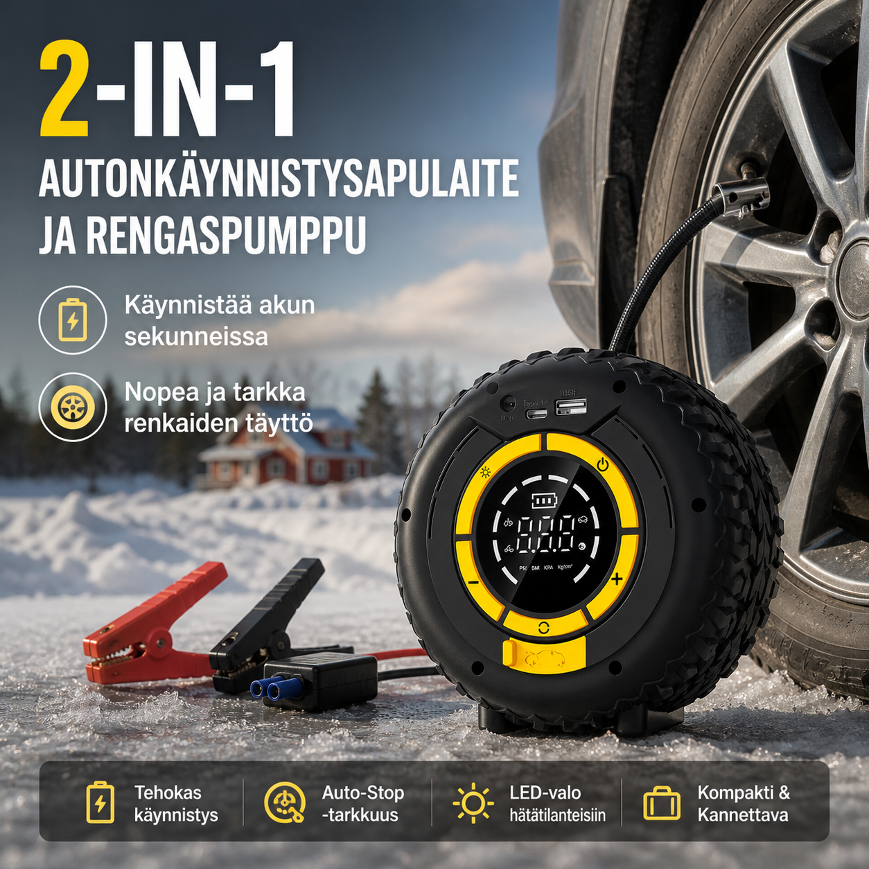 2-in-1 Autonkäynnistysapulaite ja rengaspumppu – käynnistä auto ja täytä renkaat yhdellä laitteella!