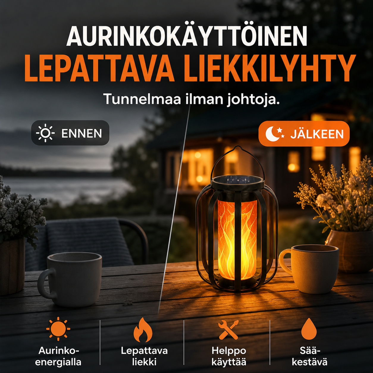 🏮 RAJOITETUN AJAN -50%! ☀️ Aurinkokäyttöinen lepattava liekkilyhty – Vedenkestävä ja automaattisesti syttyvä – Realistinen lämmin hehku, täydellinen terasseille, puutarhoihin tai poluille – ei johdotusta 🌙