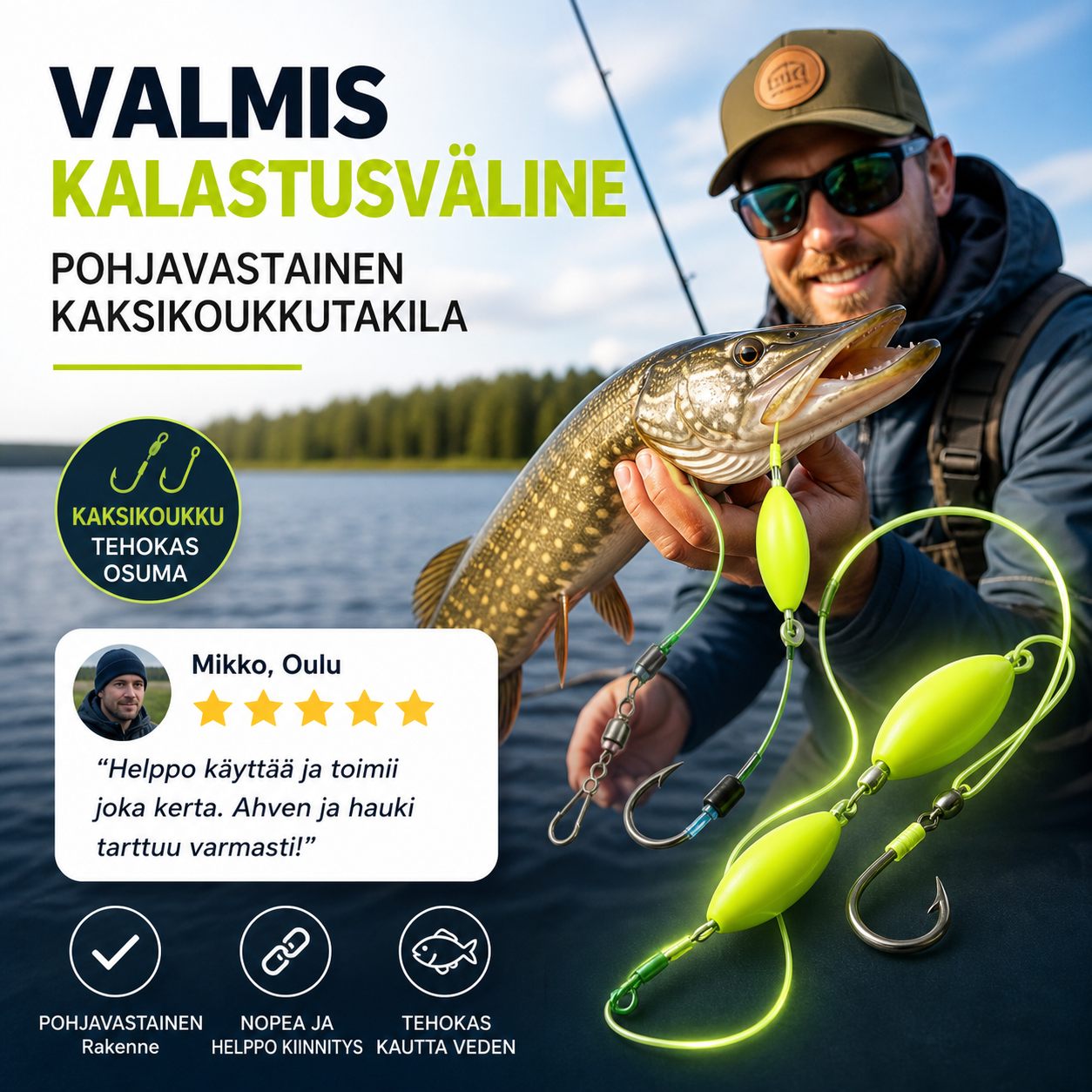 Valmis kalastusväline – pohjavastainen kaksikoukkutakila