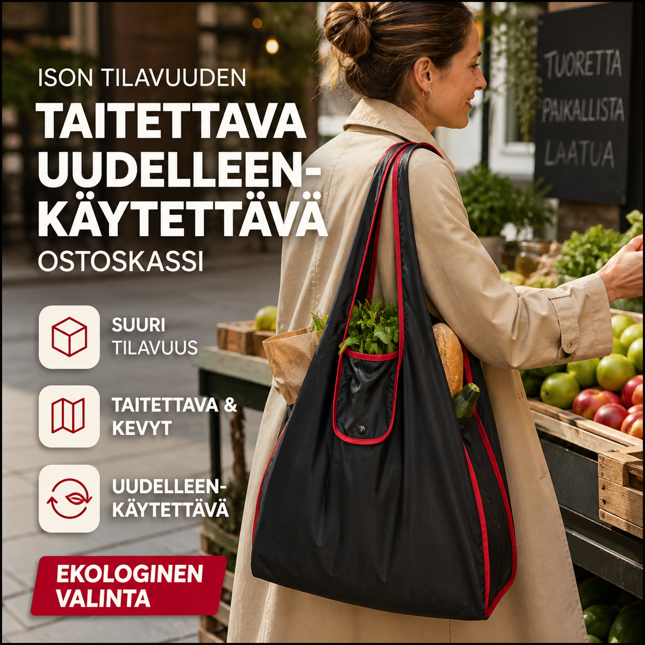 Ison tilavuuden taitettava uudelleenkäytettävä ostoskassi