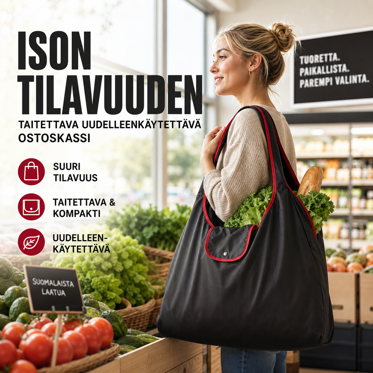 Ison tilavuuden taitettava uudelleenkäytettävä ostoskassi
