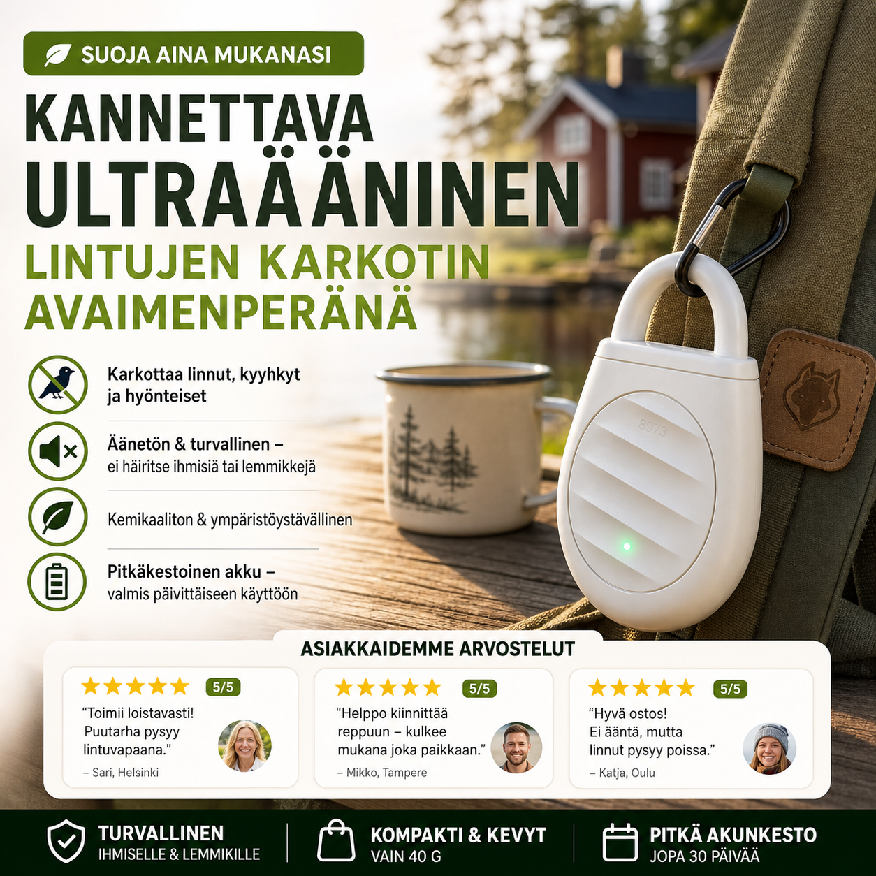 🐦Ei enää ongelmia lintujen, eläinten ja heinäsirkkojen kanssa！Kannettava ultraääninen lintujen karkotin avaimenperänä