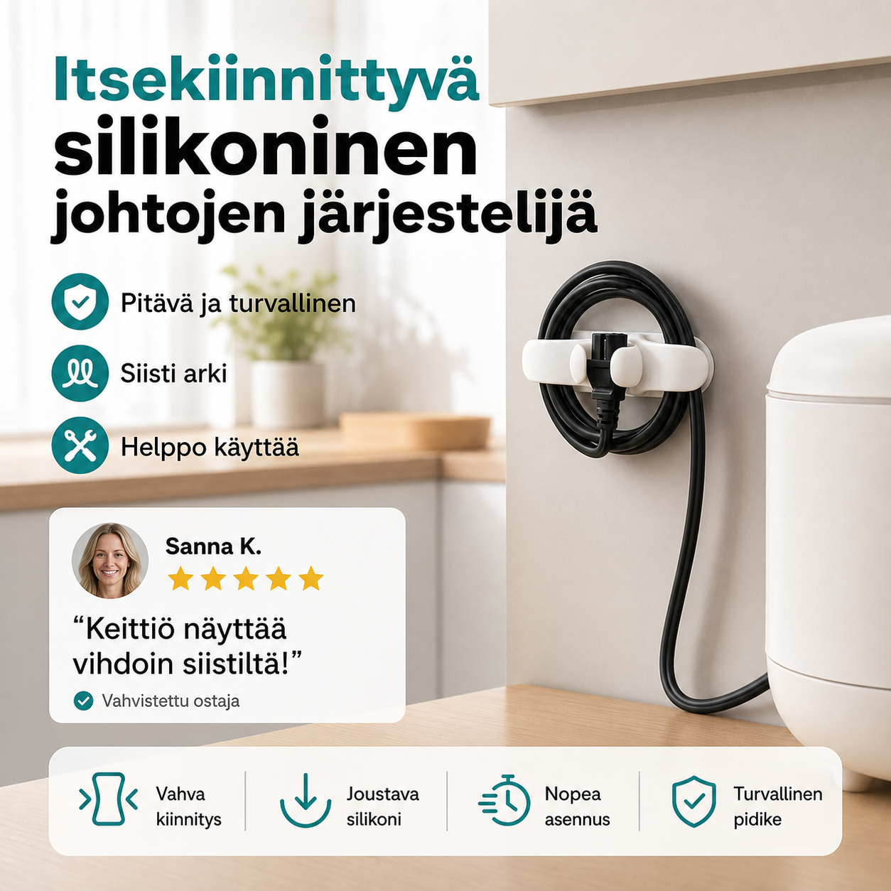 Itsekiinnittyvä silikoninen laitteiden johtojen järjestelijä