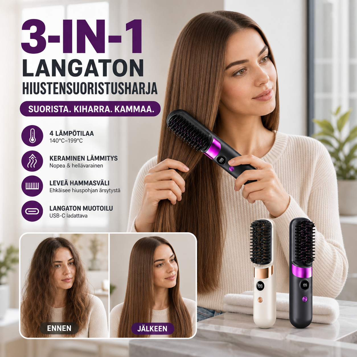 💇‍♀️🔥 3-in-1 Langaton Hiustensuoristusharja – Suorista, Kiharru & Selvitä – USB-C Ladattava, 4 Lämpöasetusta – Täydellinen Hiustyyli Missä Tahansa! ✨