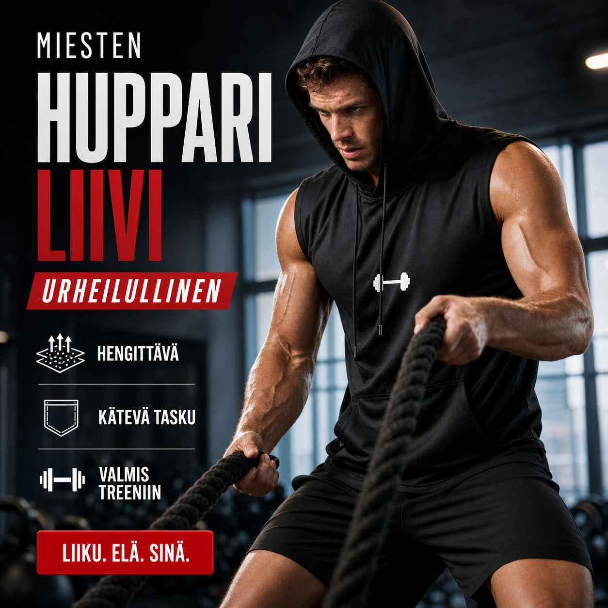 Miesten urheilullinen hihaton huppari-liivi