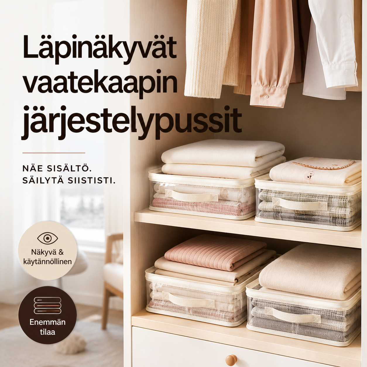 Läpinäkyvät vaatekaapin järjestelypussit