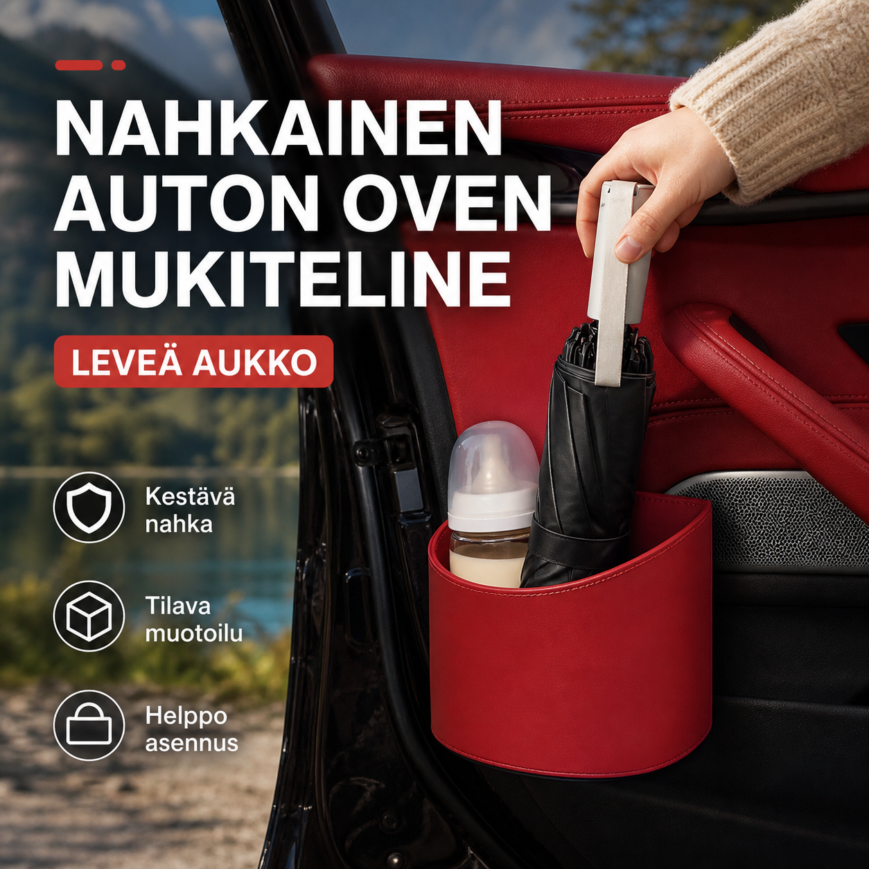 🔥Nahkainen auton oven mukiteline – Leveä aukko, juomat ja puhelin ovat helposti ulottuvilla. Kiinnittyy tukevasti klipsulla. PU-nahkaa, kestävä ja tyylikäs. 🛡️✨