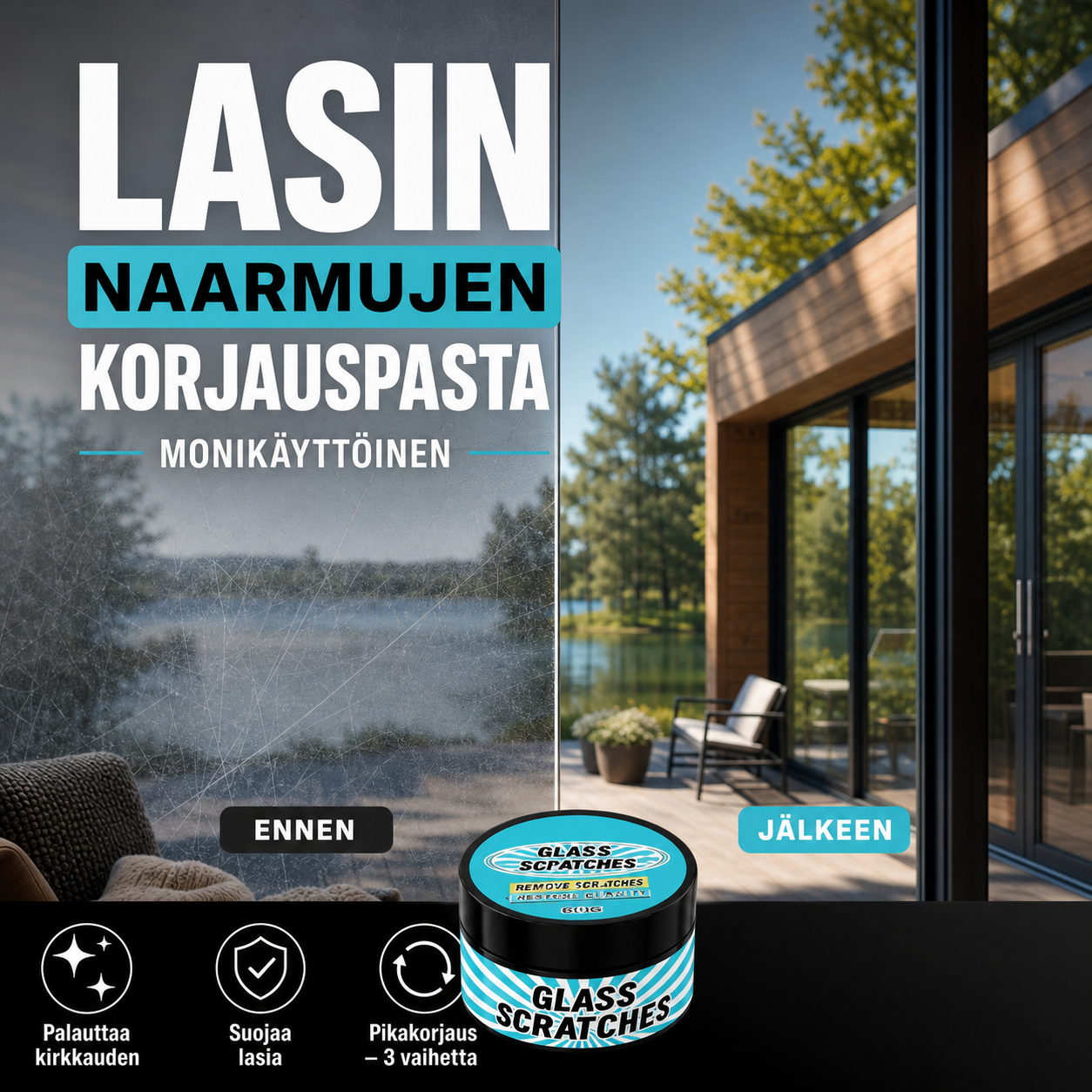 Monikäyttöinen lasin naarmujen korjauspasta