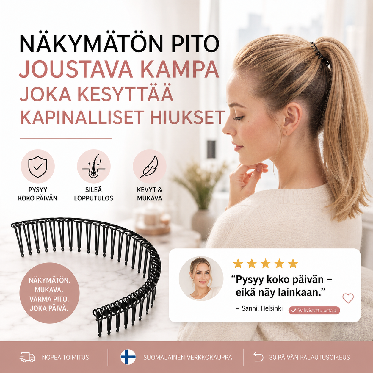 Näkymätön pito – joustava kampa, joka kesyttää kapinalliset hiukset