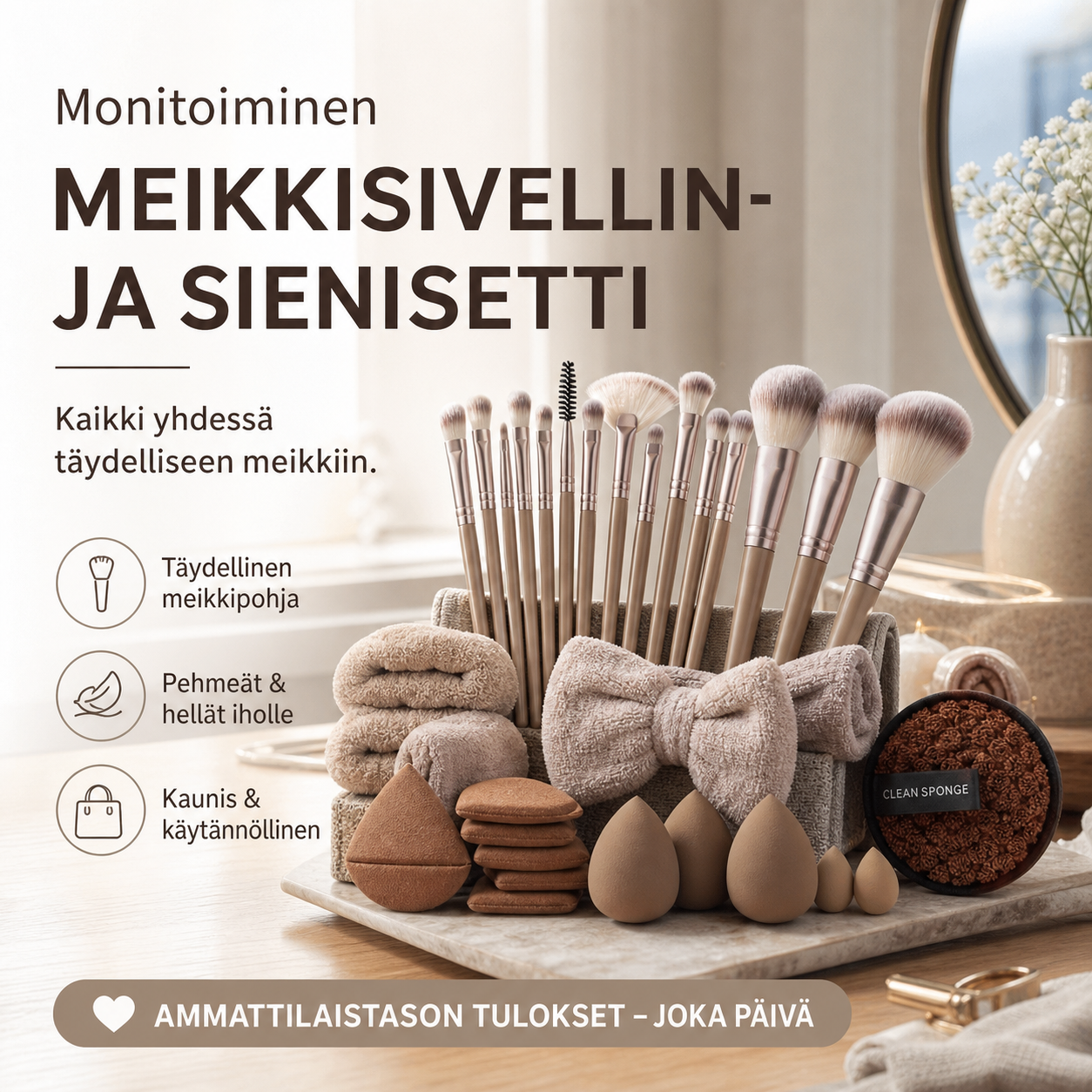 Monitoiminen meikkisivellin- ja sienisetti