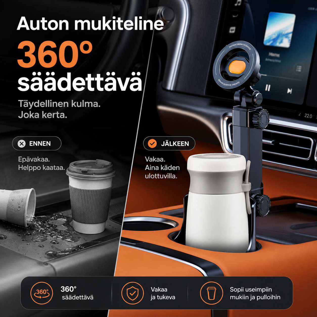 Auton mukiteline – 360° säädettävä, vahva N52-magneetti, yhden käden käyttö, sopii kaikkiin puhelimiin, vakaa magneetti- ja puristinmalli turvalliseen ajoon.
