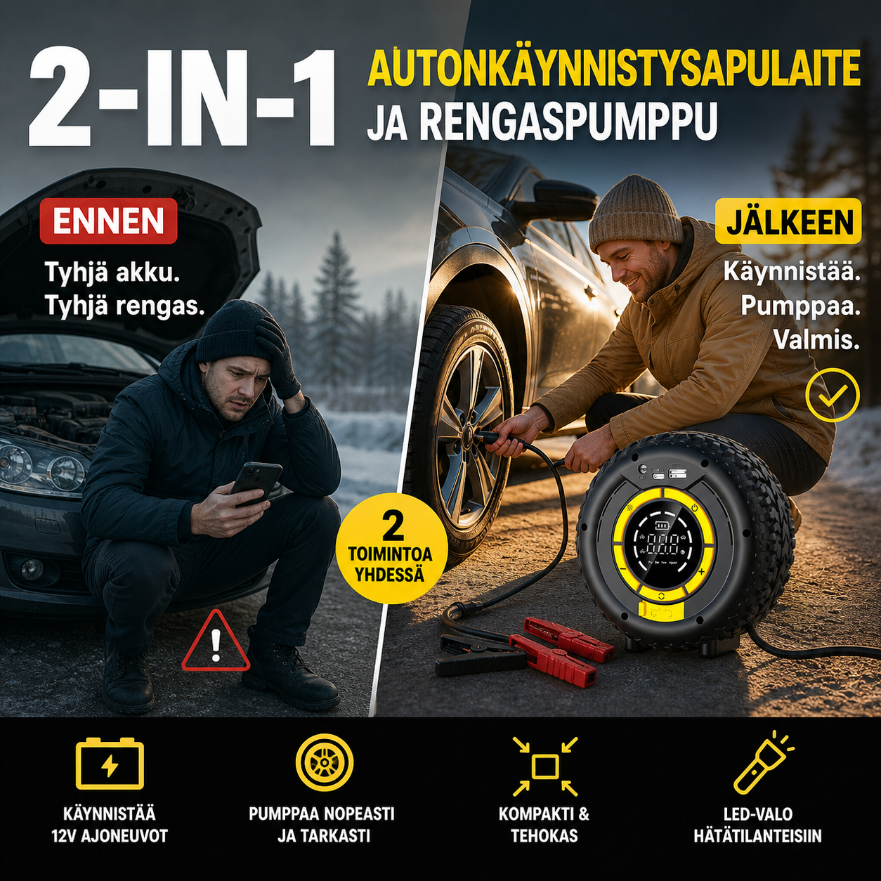 2-in-1 Autonkäynnistysapulaite ja rengaspumppu – käynnistä auto ja täytä renkaat yhdellä laitteella!