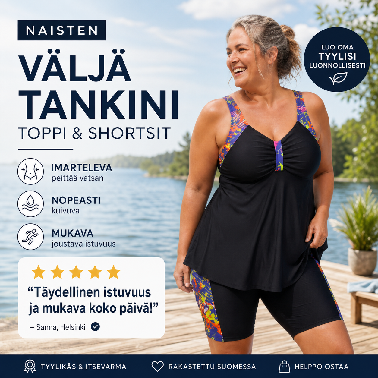 Naisten väljä tankini-toppi ja shortsit -uimapuku – vatsanmuotoilu, boyshortsit, tukeva ✨